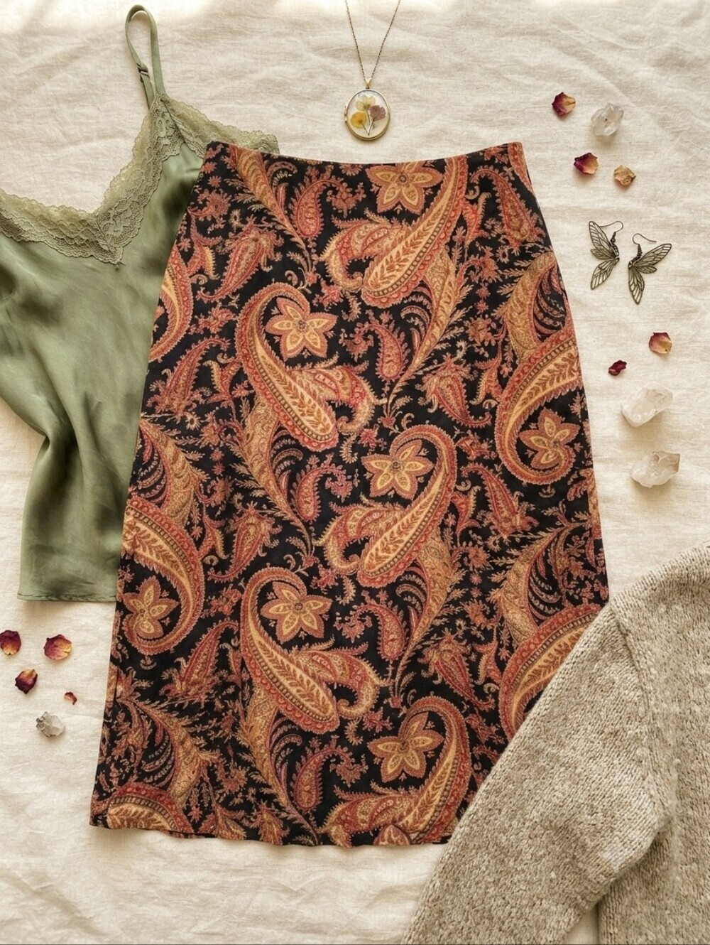 Vintage Worthington Black Orange Paisley Print Midi Maxi Skirt